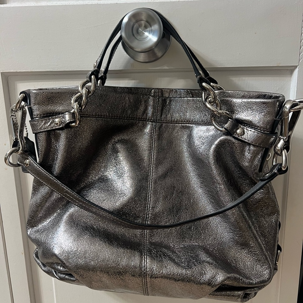 COACH Brooke Handbag Leather Pewter Silver Metallic